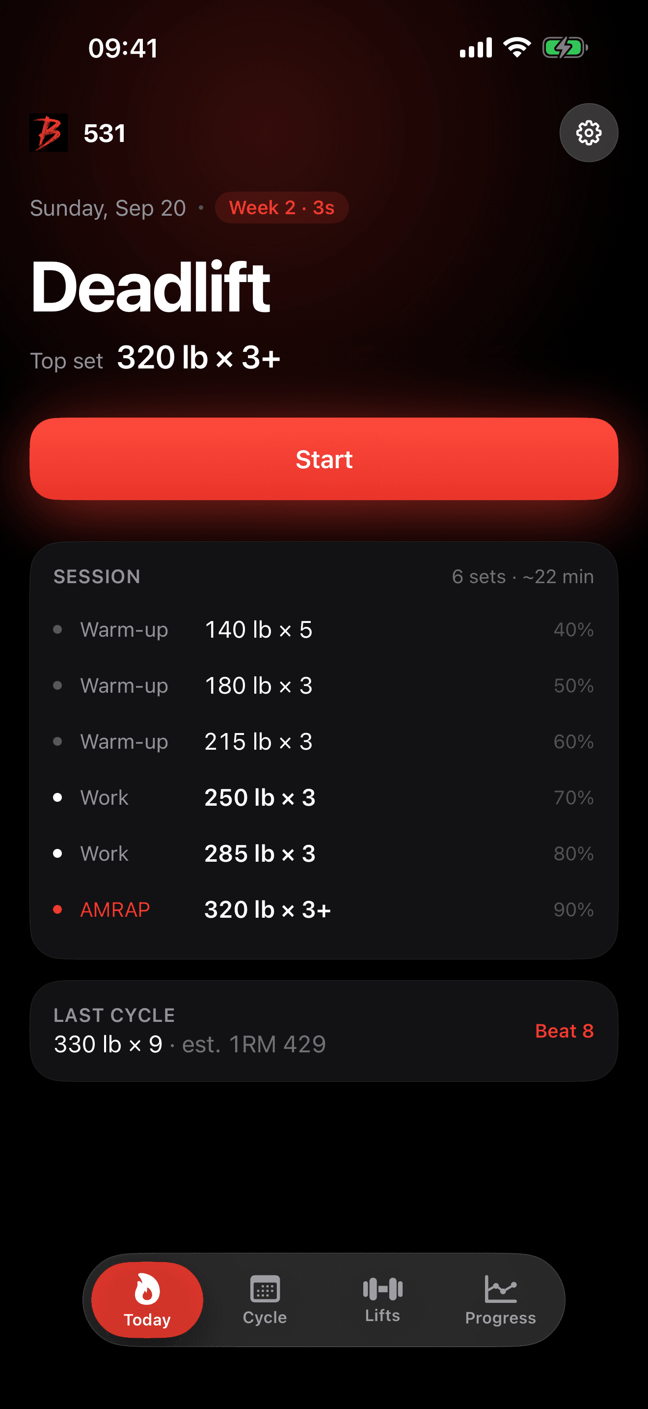 Today screen: Deadlift, week 2, top set 320 lb for 3 or more, with the full session listed underneath.