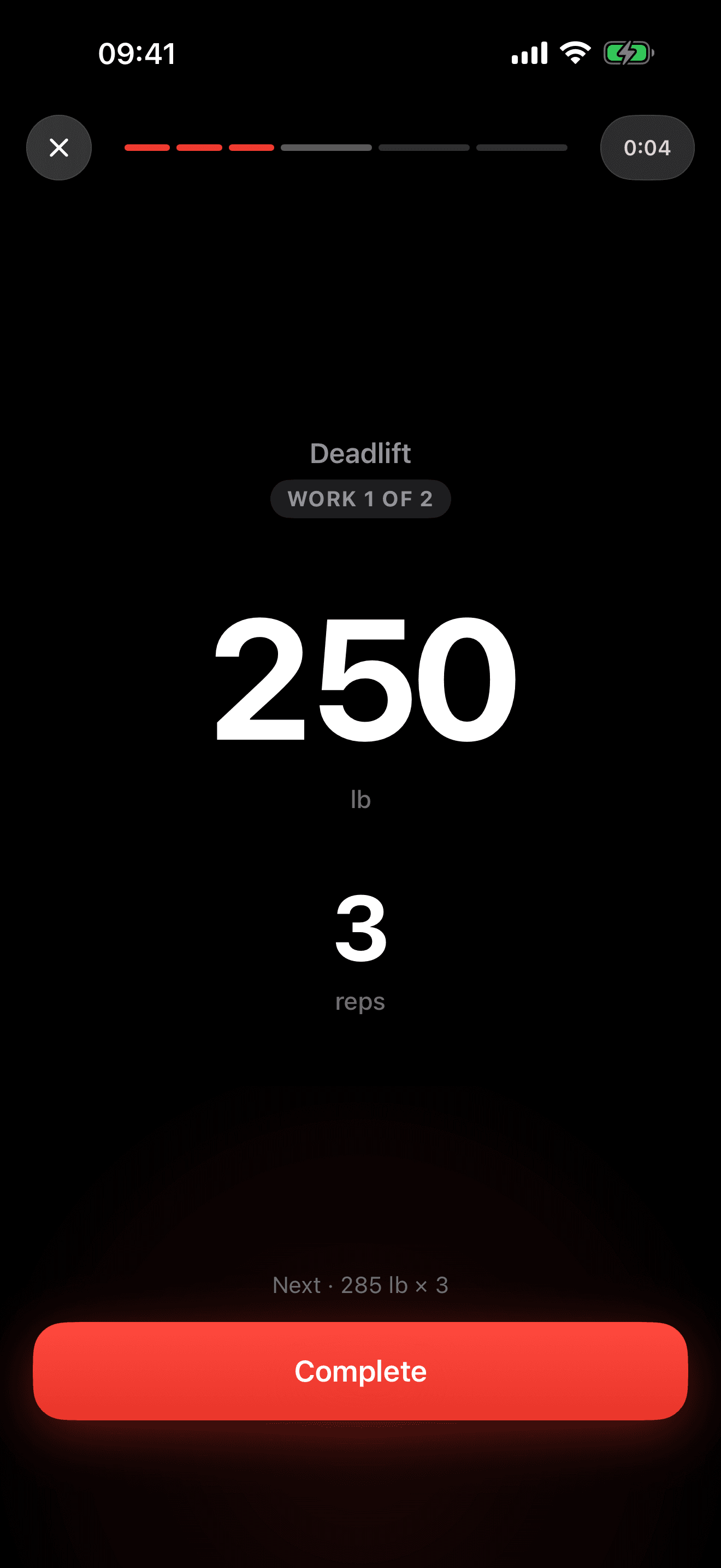A working set mid-workout: 250 lb for 3 reps, set in large type, with Complete at the bottom.