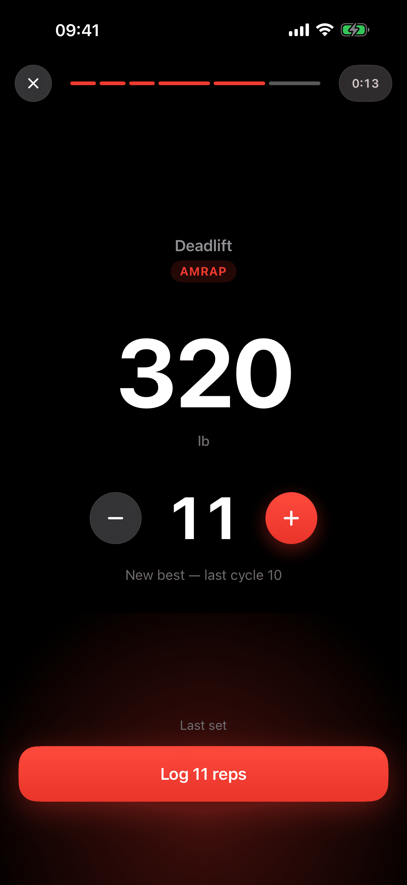 The AMRAP set: 320 lb with a rep counter at 11 and a button to log it.