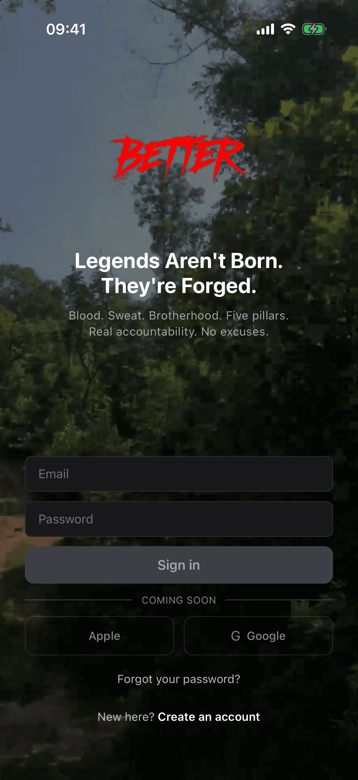 Sign-in screen over a photograph of a wooded trail, with the BETTER mark above email and password fields.