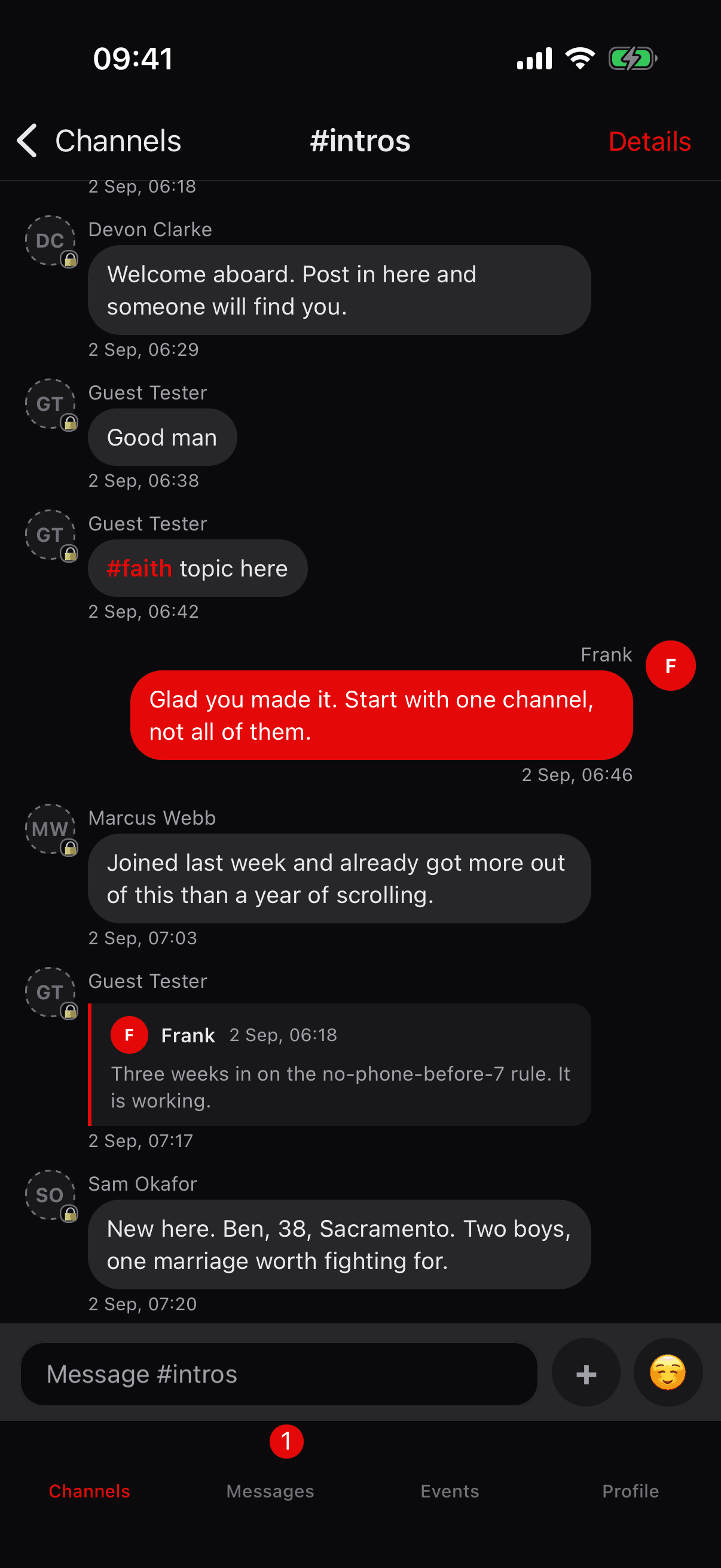 The #intros channel: messages from several men, one quoted in a reply, with a composer at the bottom.