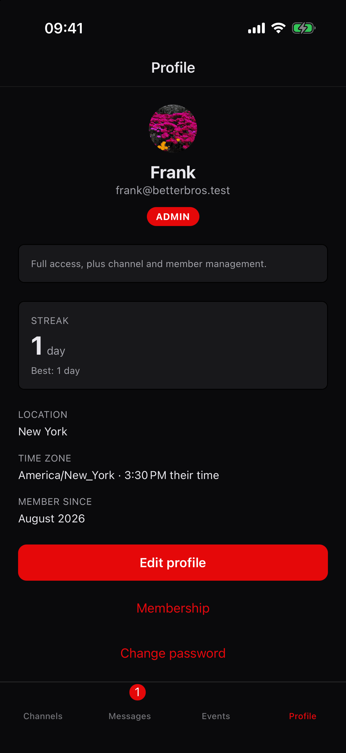 A member profile showing role, location, time zone and the date he joined.