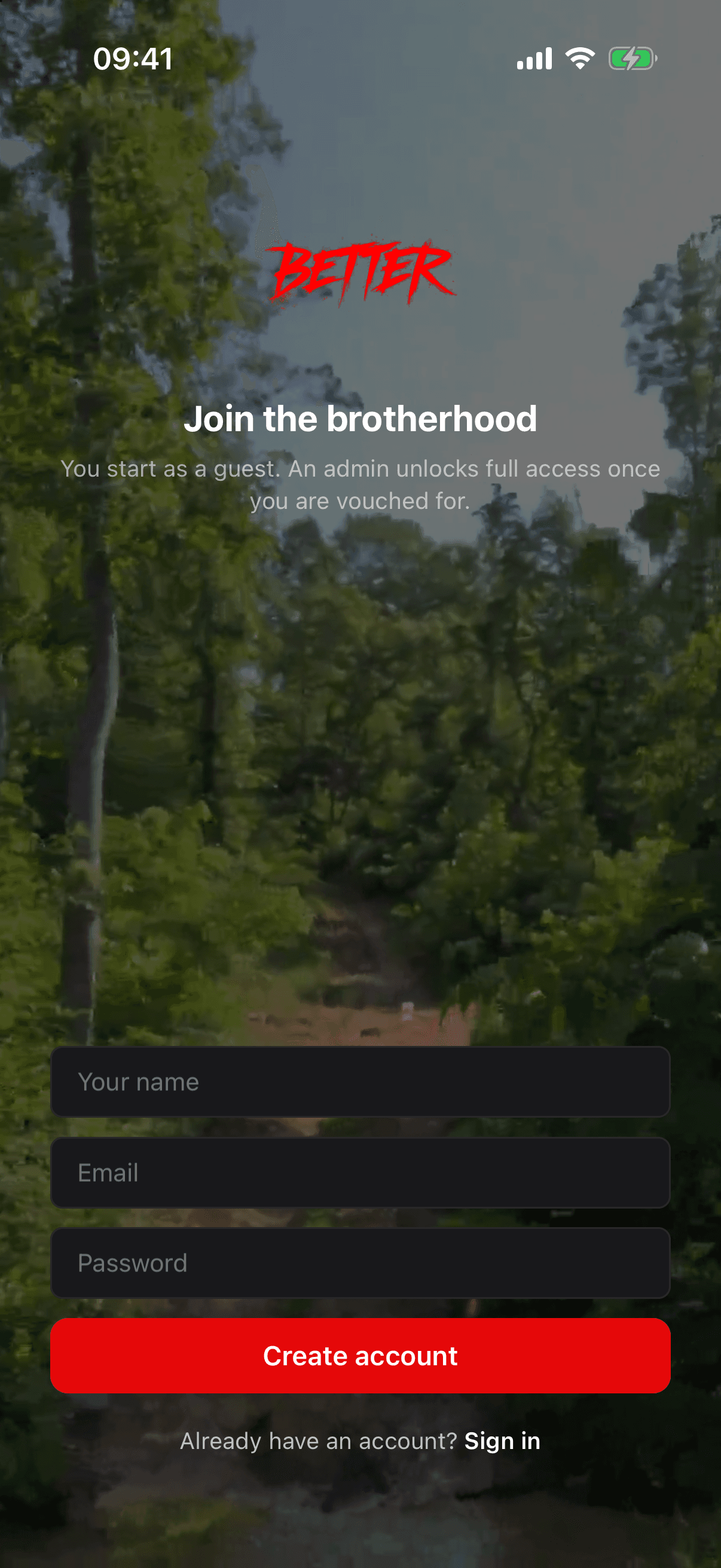 The create-account screen, explaining that you start as a guest until an admin vouches you in.