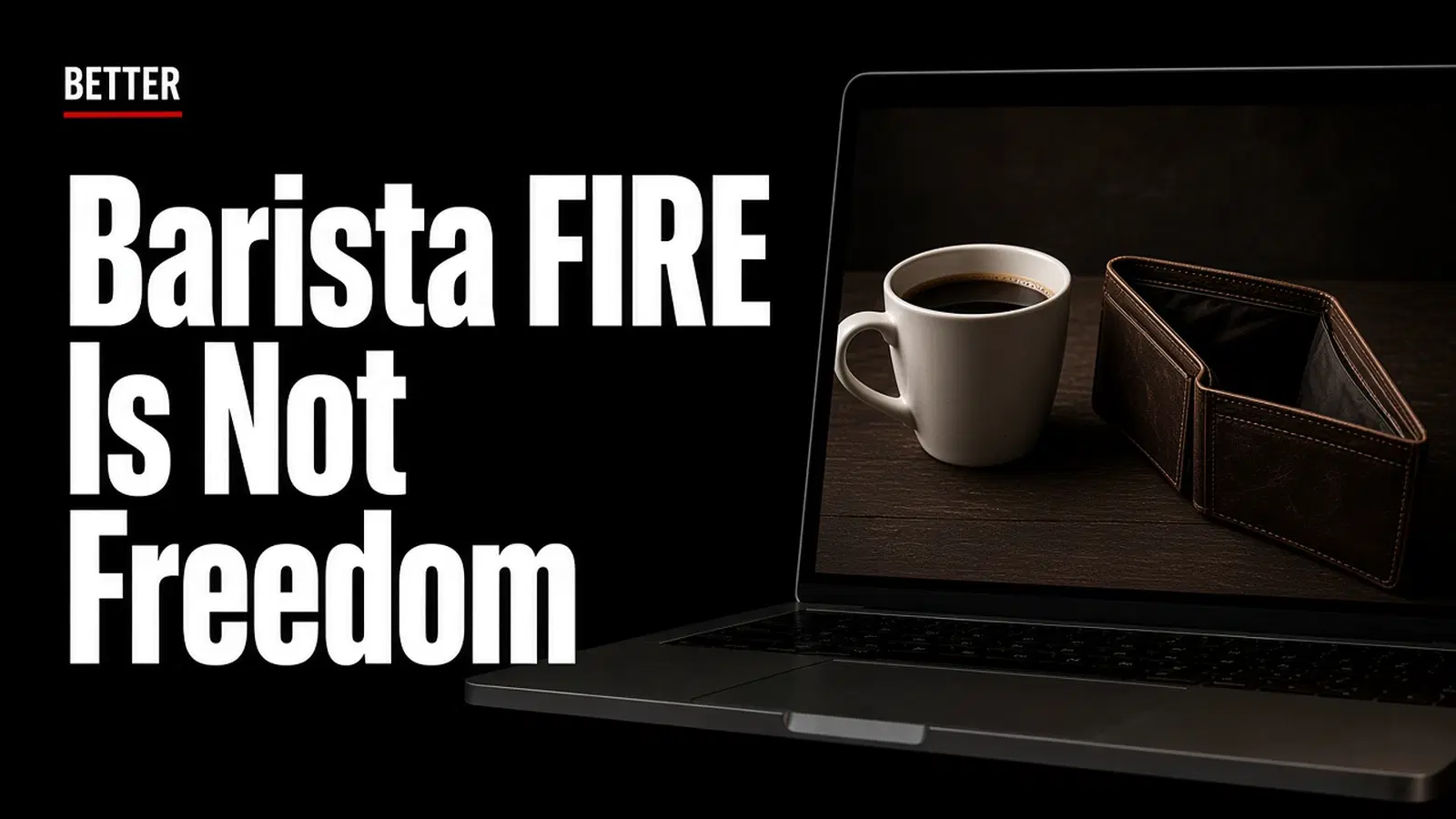 Black BETTER graphic of Barista FIRE Is Not Freedom beside a laptop showing a coffee cup and a drained wallet and a time card