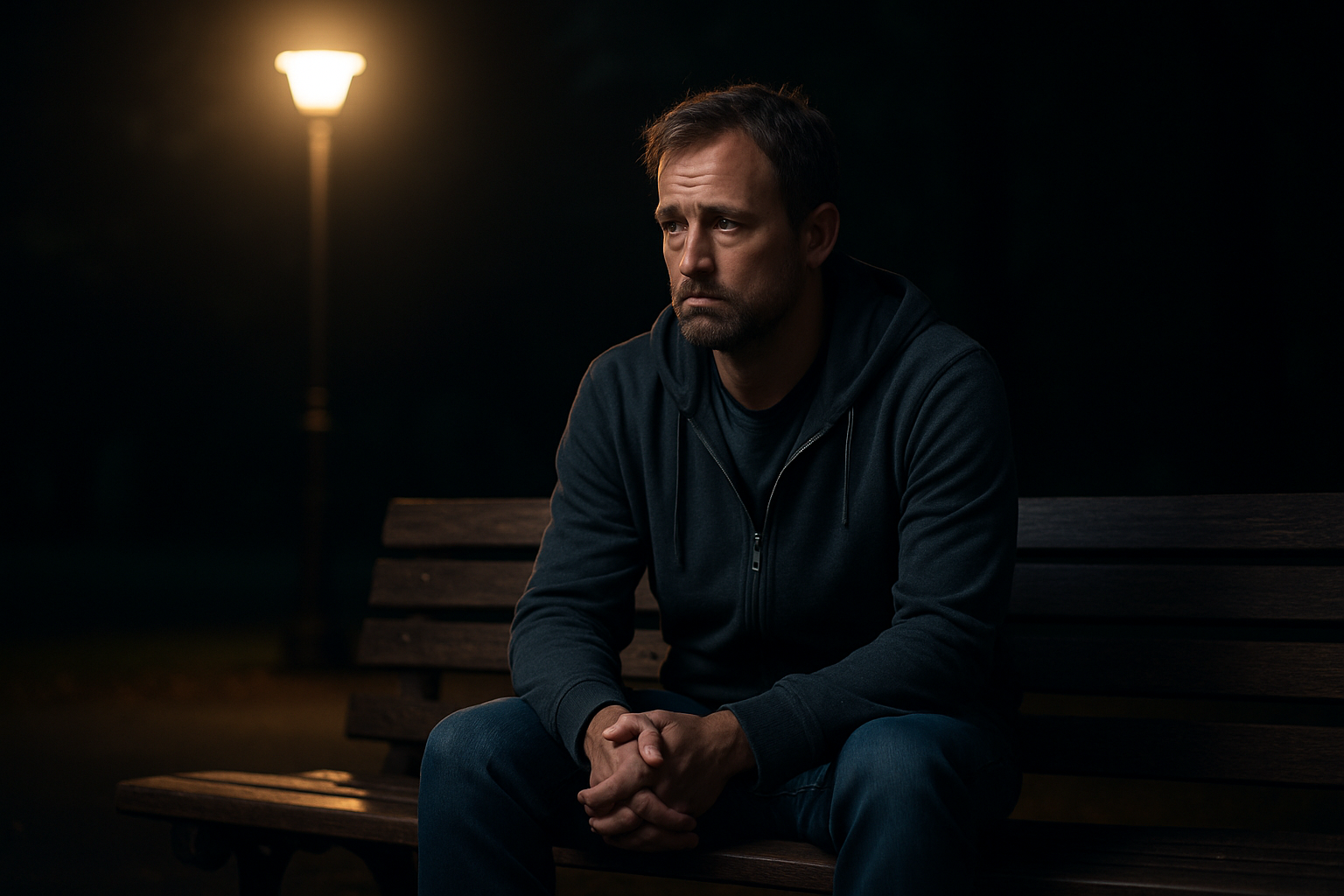 Man sitting alone under a streetlight, symbolizing silent male isolation