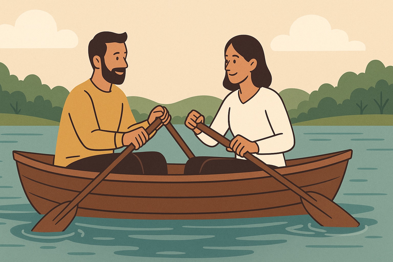Husband and wife rowing a boat together, symbolizing co-leadership